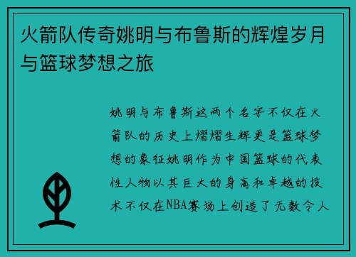 火箭队传奇姚明与布鲁斯的辉煌岁月与篮球梦想之旅